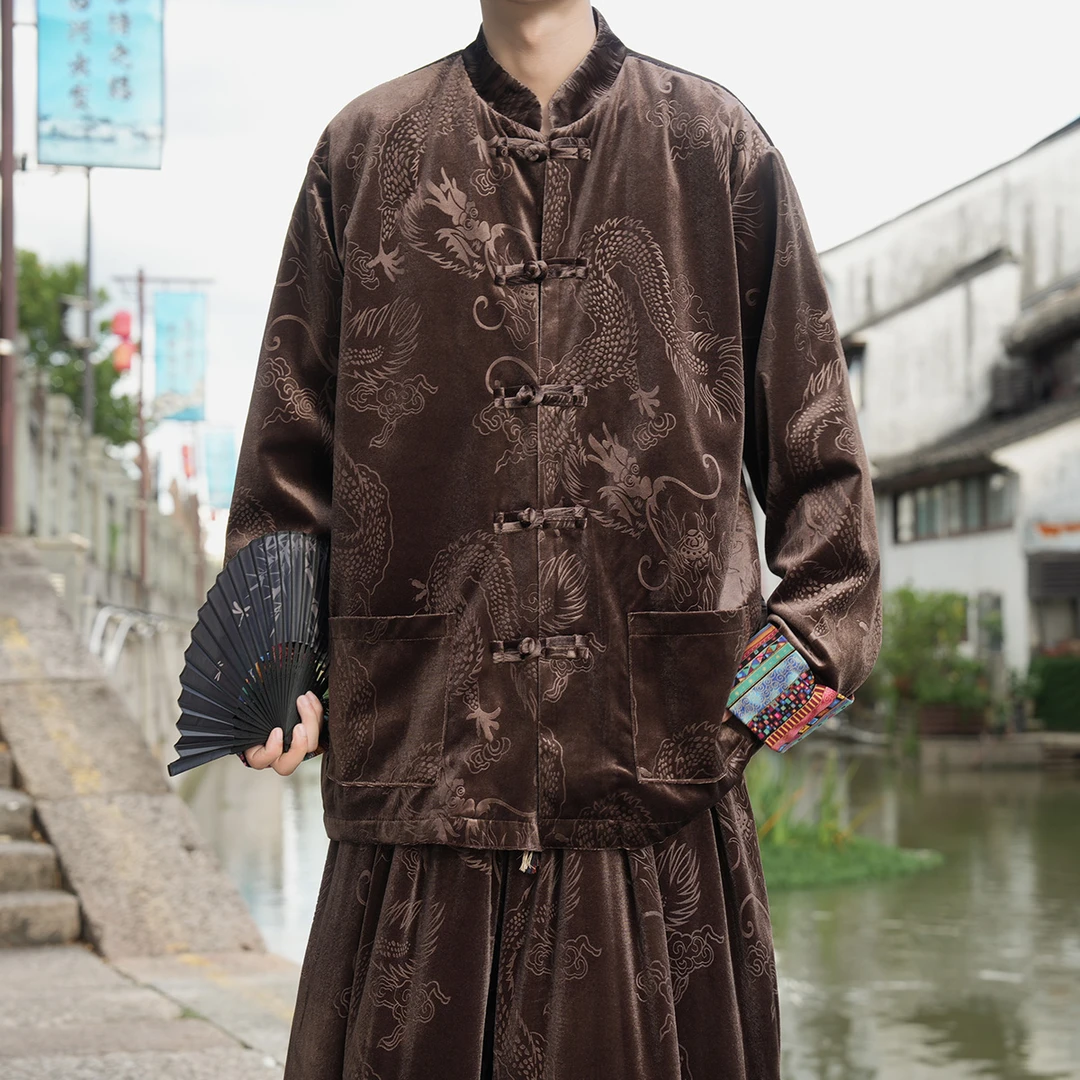 中国风龙纹提花中山装茶服外套男秋冬季金丝绒高级感宽松唐装夹克