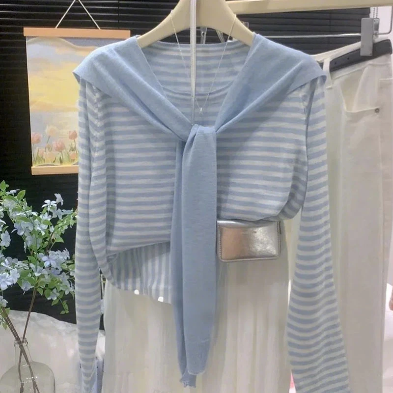 韩系圆领披肩两件套针织衫女春夏季新款条纹拼接撞色凉感宽松上衣