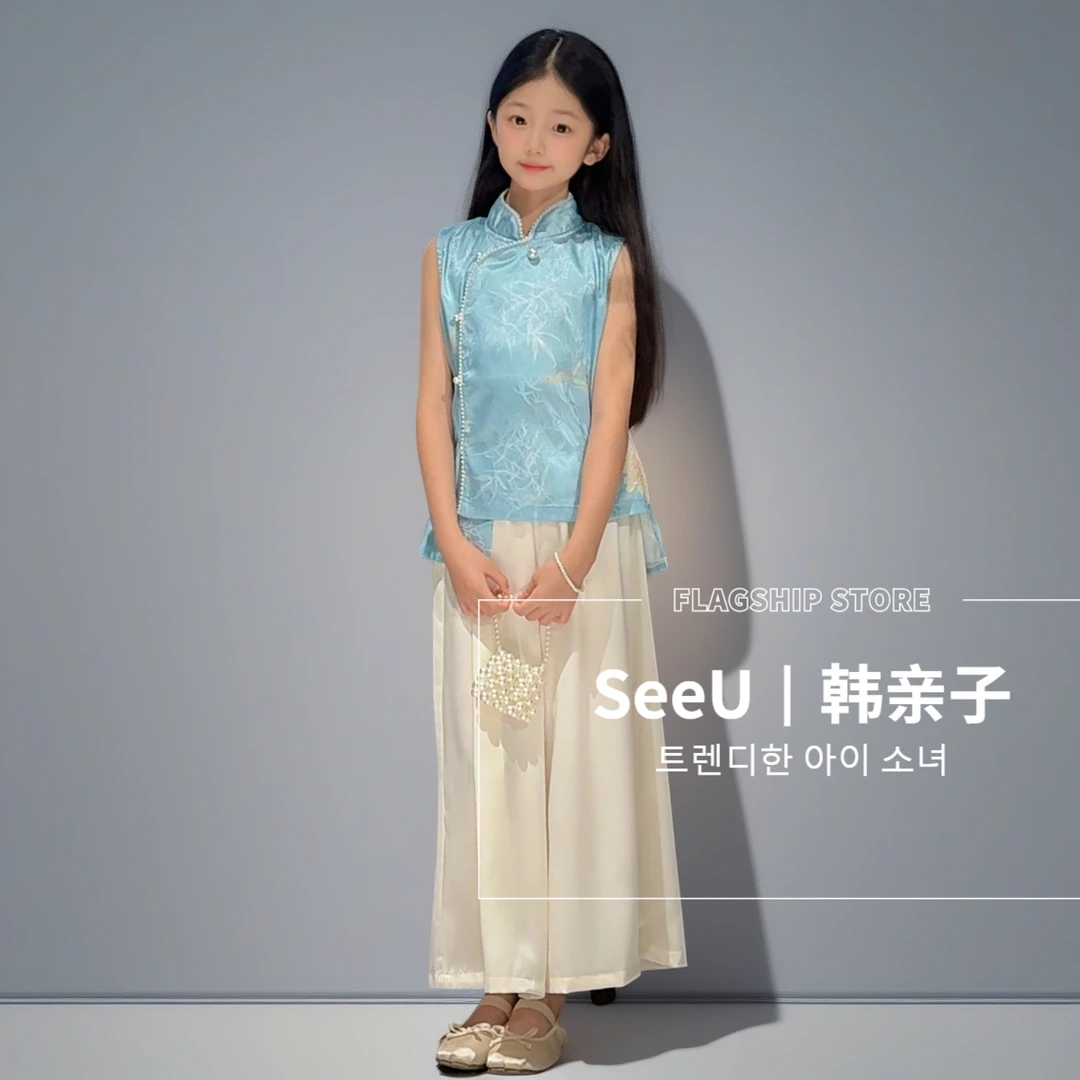 中式亲子国风夏款国风套装新款中国风国潮高货蓝色透气夏季民族风