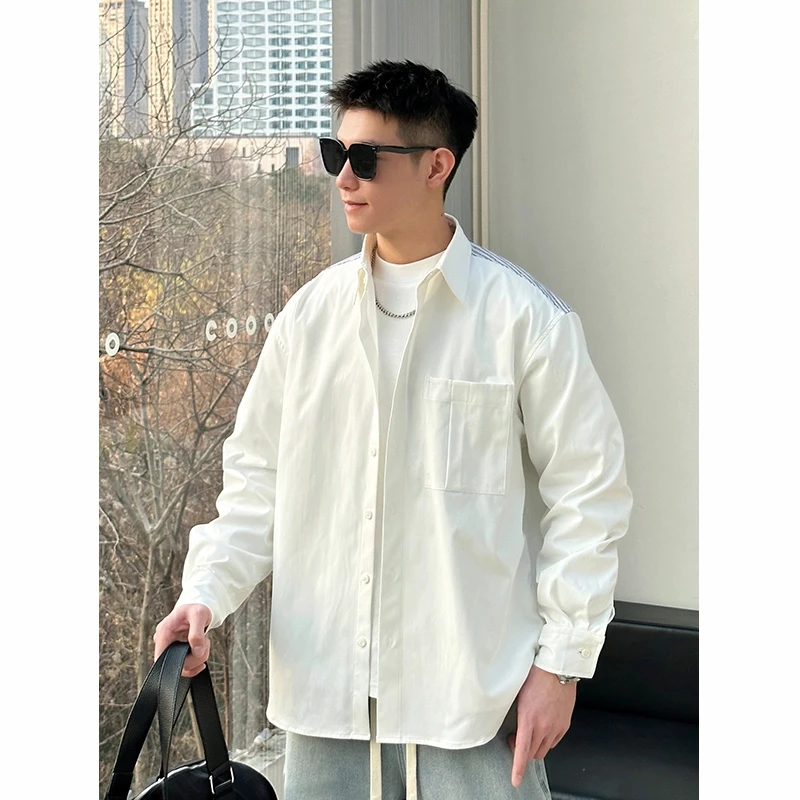 【时尚起易】日系文艺风春秋新款条纹拼接潮牌衬衫外套情侣同款上衣