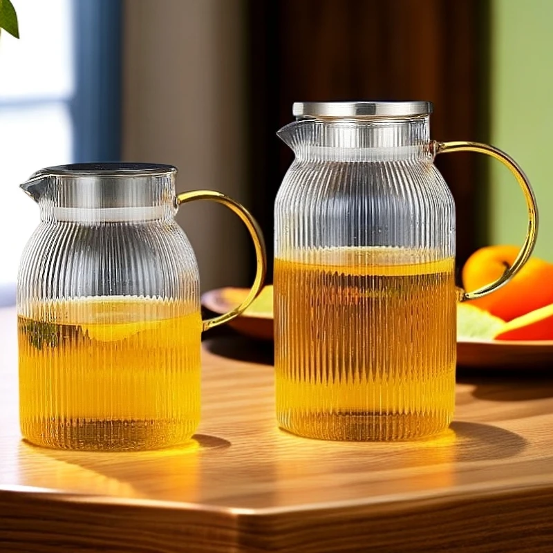 竖纹玻璃冷水壶大容量耐热泡茶凉水壶家用轻奢果汁壶
