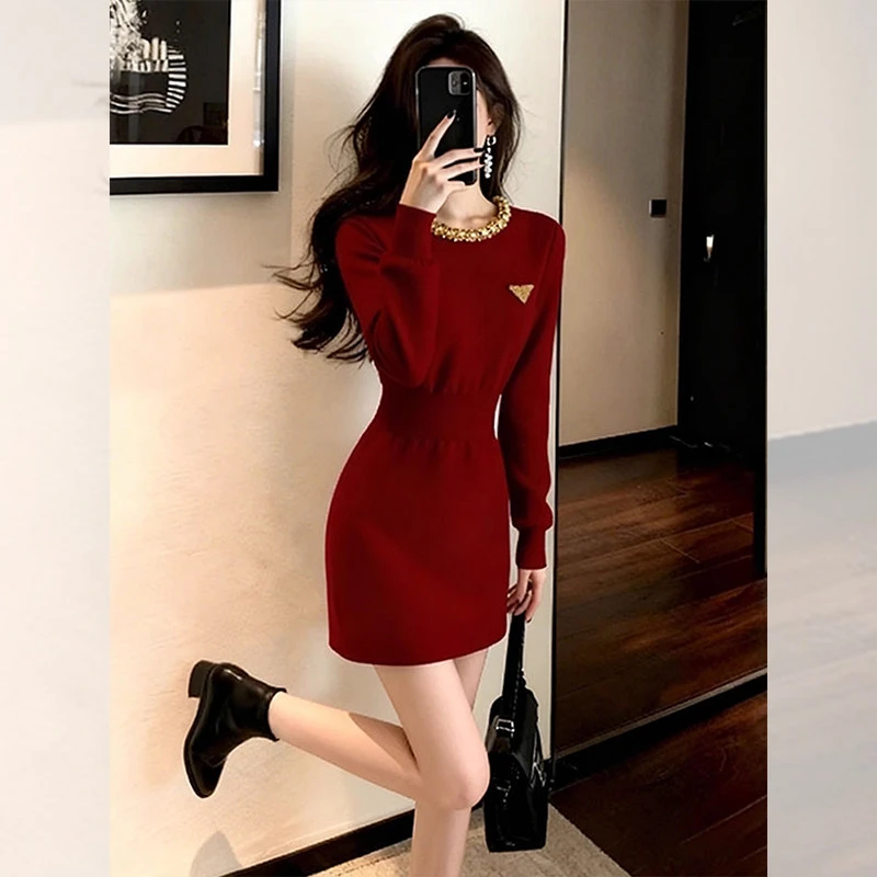 漂亮精致红色包臀小短裙气质高贵上档次内搭打底针织连衣裙女秋冬