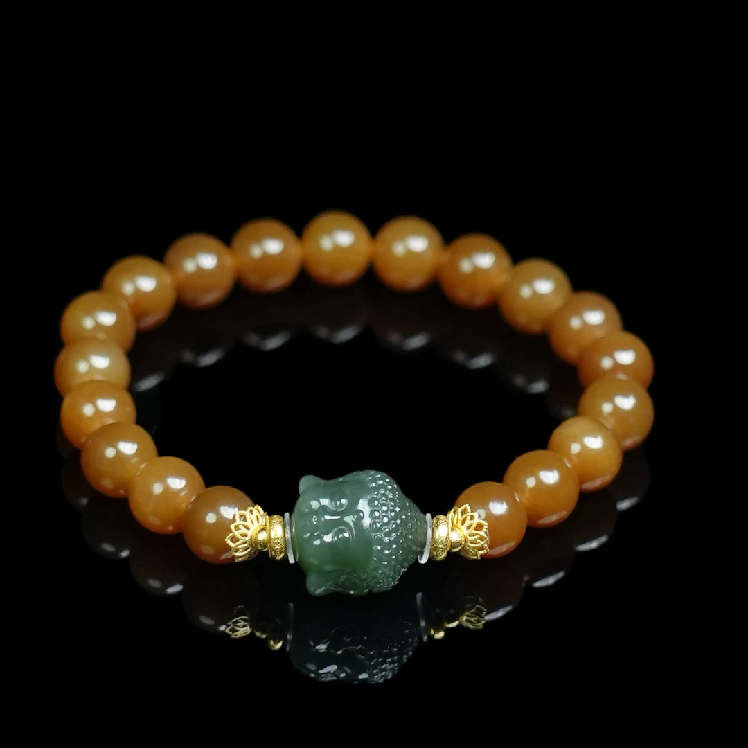 V姐|心选|初心|和田玉且末金山糖圆珠宝宝佛手串8mm-18K-HL72655
