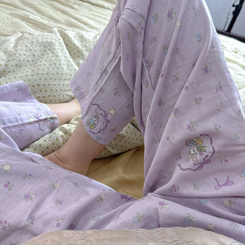 早春可爱睡裤全棉软糯双层纱家居裤纯棉遛弯裤防蚊长裤女单件