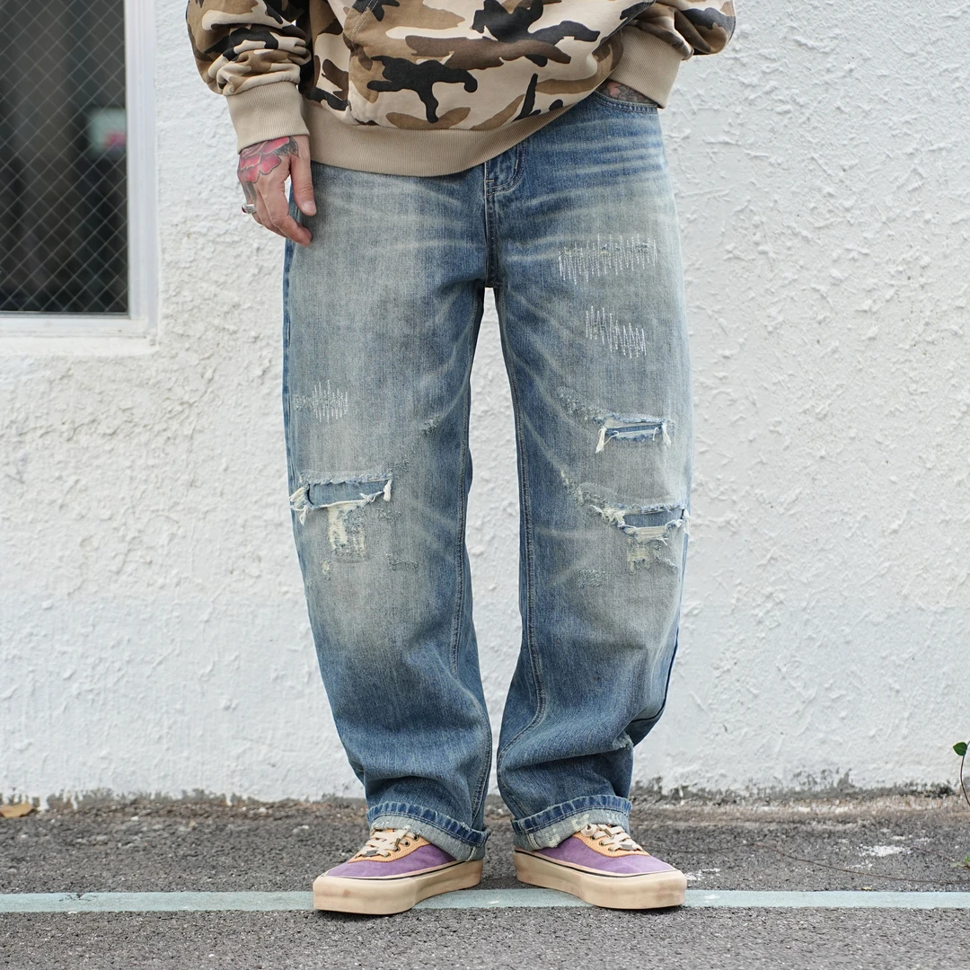 25FW日系重磅破洞补丁牛仔裤休闲复古宽松水洗垮牛街头锥形牛仔裤