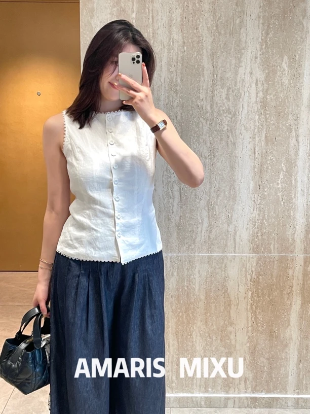 AMARIS MIXU「轻氧」冷白色 100麻气质收腰无袖马甲 蕾丝边背心上衣