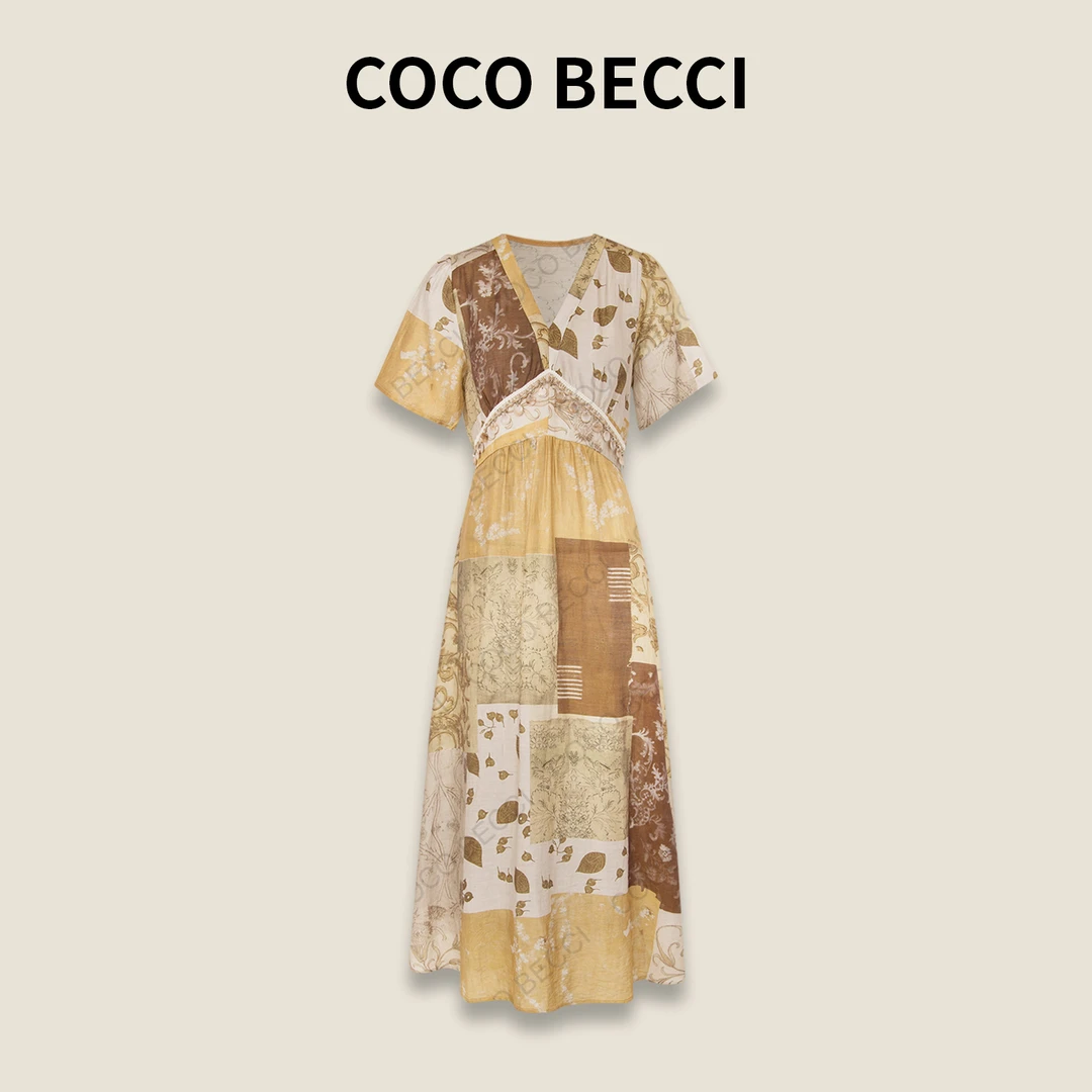 COCO BECCI【曼谷花园】天丝麻混纺撞色浪漫风连衣裙CFLJB372050