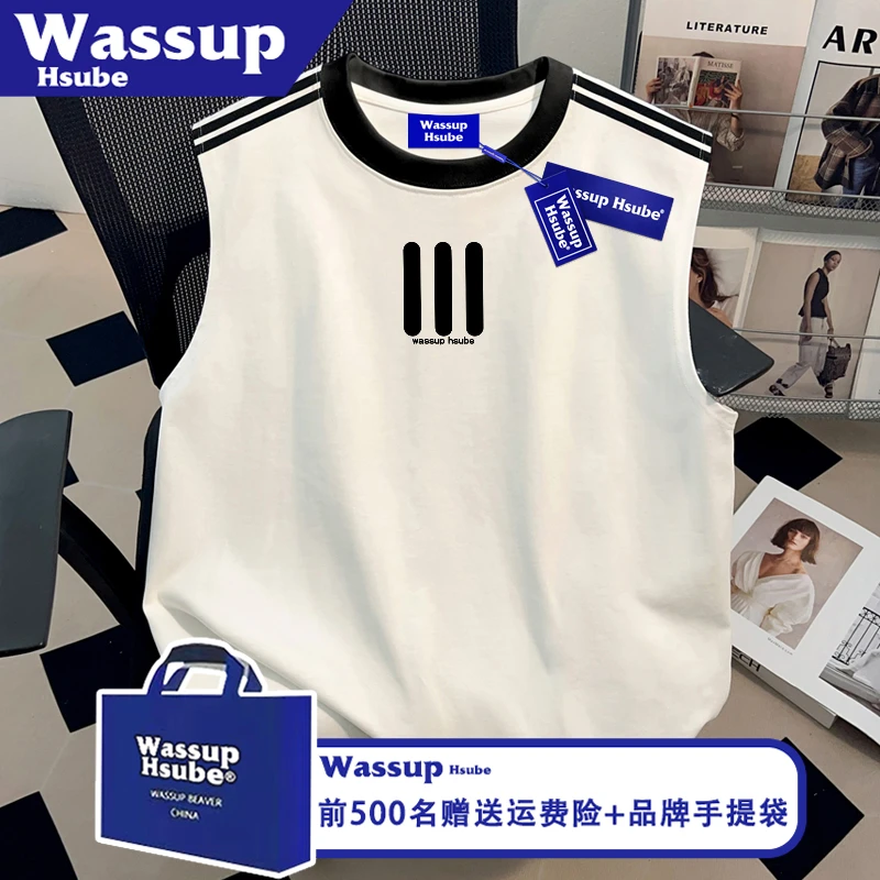 WASSUP HSUBE夏季潮酷印花简约三条杠纯棉T恤上衣男女ins无袖背心