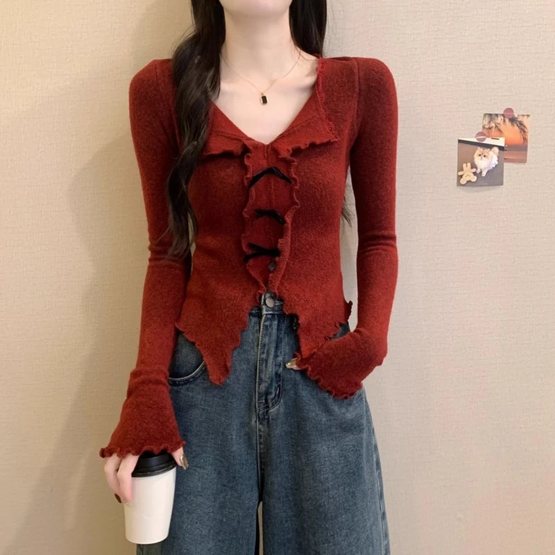 安哥拉红V领打底衫女秋装内搭过年本命年毛衣蛇年2025长袖上衣
