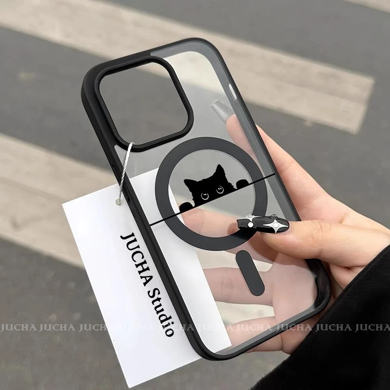 探头小黑猫适用苹果16promax手机壳透明简约iphone15plus情侣款14