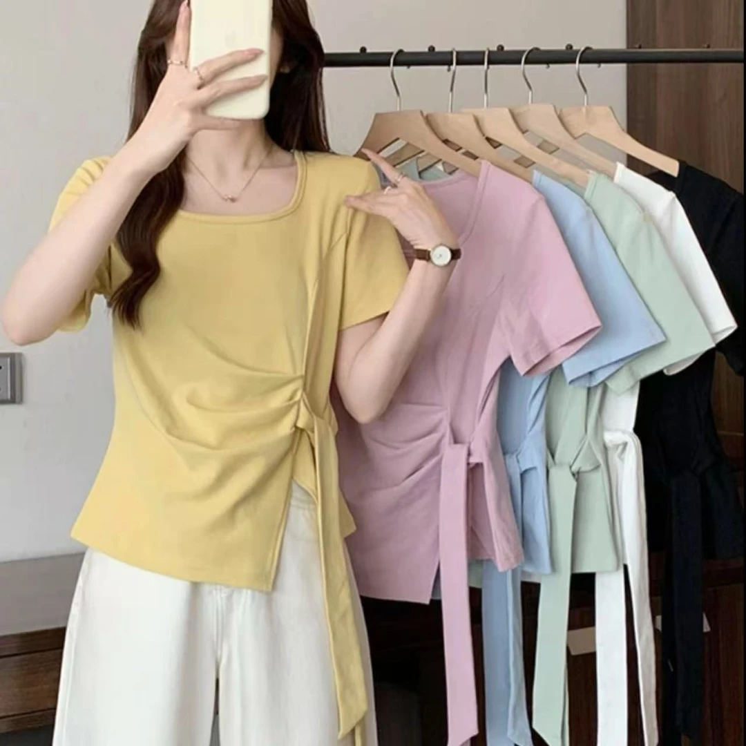 绑带正肩棉短袖t恤女2025不规则设计高级感百搭显瘦短款上衣潮