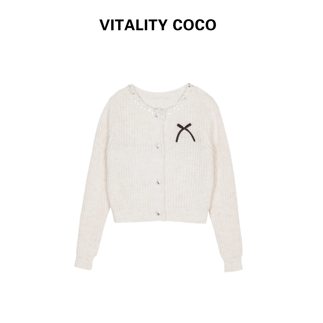 「VITALITY COCO」纯色毛衣开衫重工钉珠圆领气质修身针织开衫-690