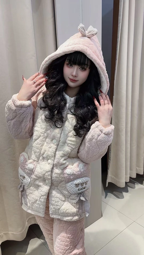 茉莉女装女秋冬珊瑚绒三层夹棉加绒加厚可外穿可爱保暖家居服套装