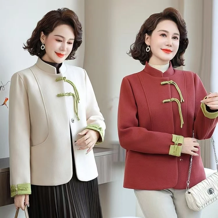 中老年妈妈装洋气毛呢外套女时尚中式复古修身舒适春秋新款上衣女