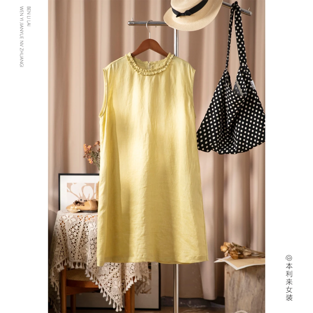 【本利来】文艺亚麻花边圆领中长款无袖T恤女夏季薄款透气上衣6556