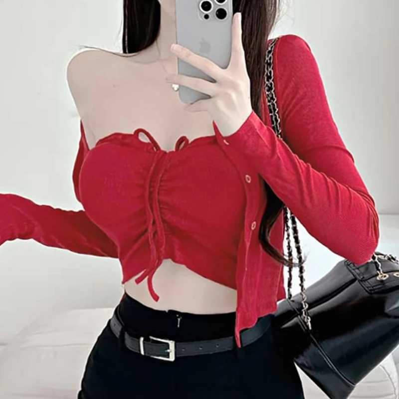 韩系穿搭性感修身显瘦纯欲带胸垫抹胸+带肩垫开衫两件套装上衣