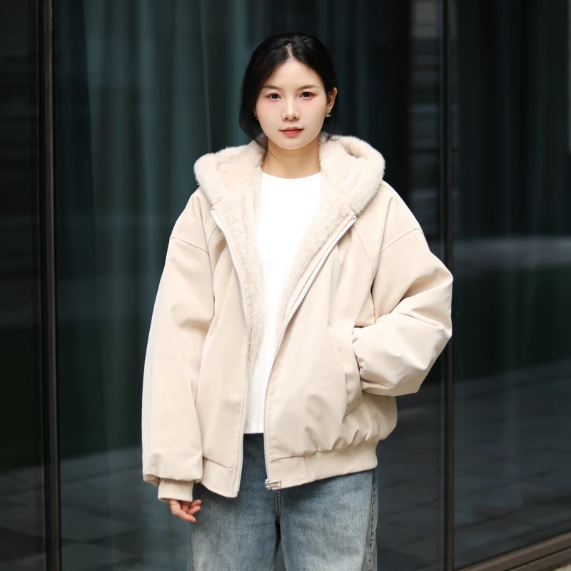 荔枝软皮连帽座山雕皮男女冬季加绒毛领外套