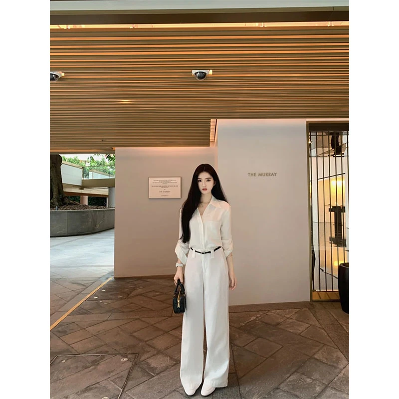 夏季请冷风穿搭休闲百搭时尚洋气小众长袖衬衫上衣高腰直筒阔腿裤