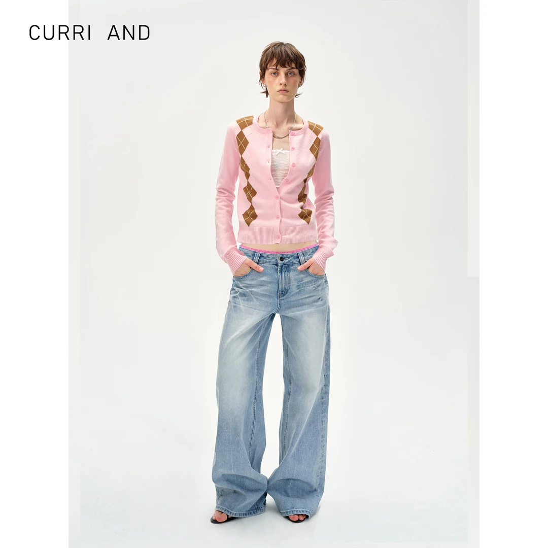CURRI AND 菱形格莱赛尔绵羊毛亲肤柔软保暖针织毛衣开衫上衣女