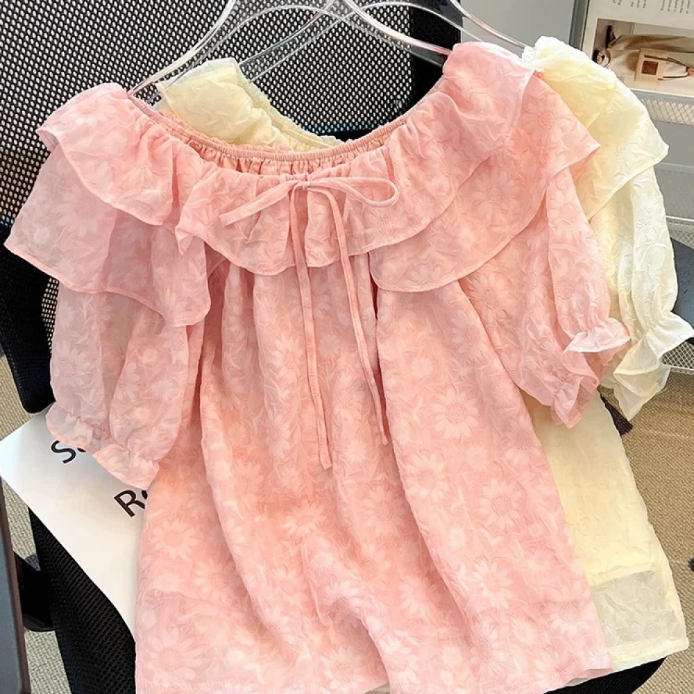 荷叶边修身型夏季荷叶领通勤衬衫夏装宽松雪纺衫法式