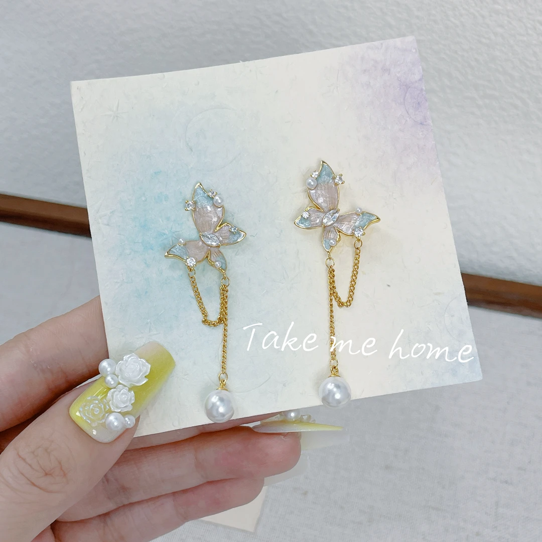 合金耳饰 超仙油画风流苏蝴蝶耳环