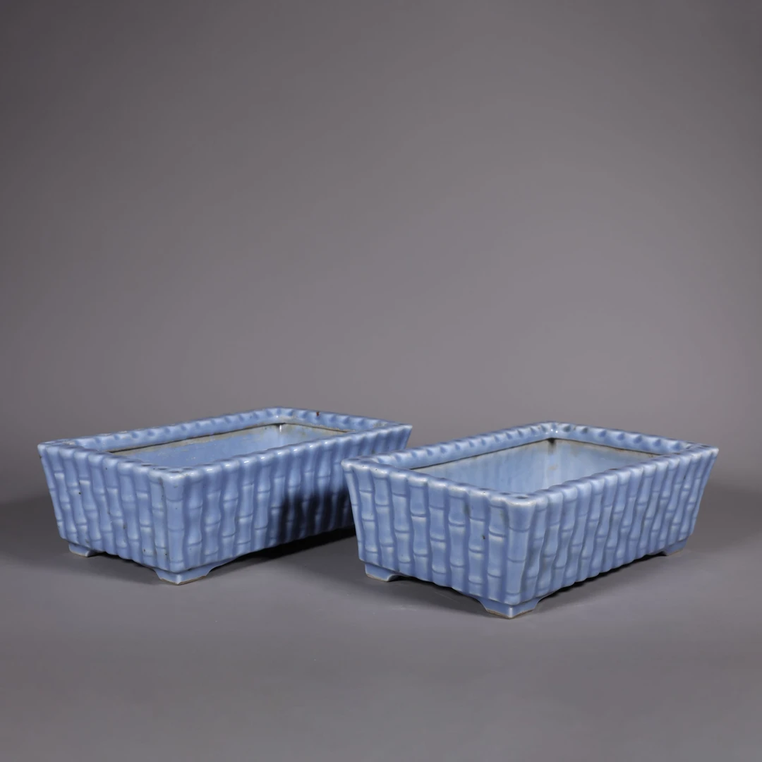 LOT120615 清光绪 天蓝釉竹节形四方花盆一对 古董拍卖