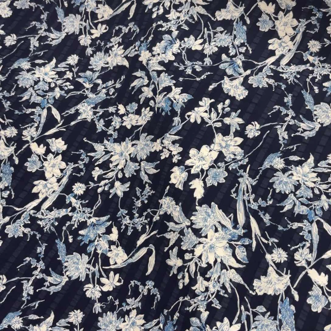 棉北高盐缩新款素描花草深蓝色一米