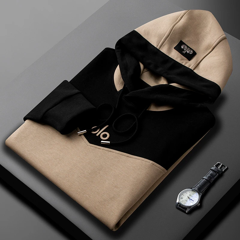 轻奢高级感撞色拼接刺绣连帽卫衣男修身2025秋冬新款时尚百搭长袖