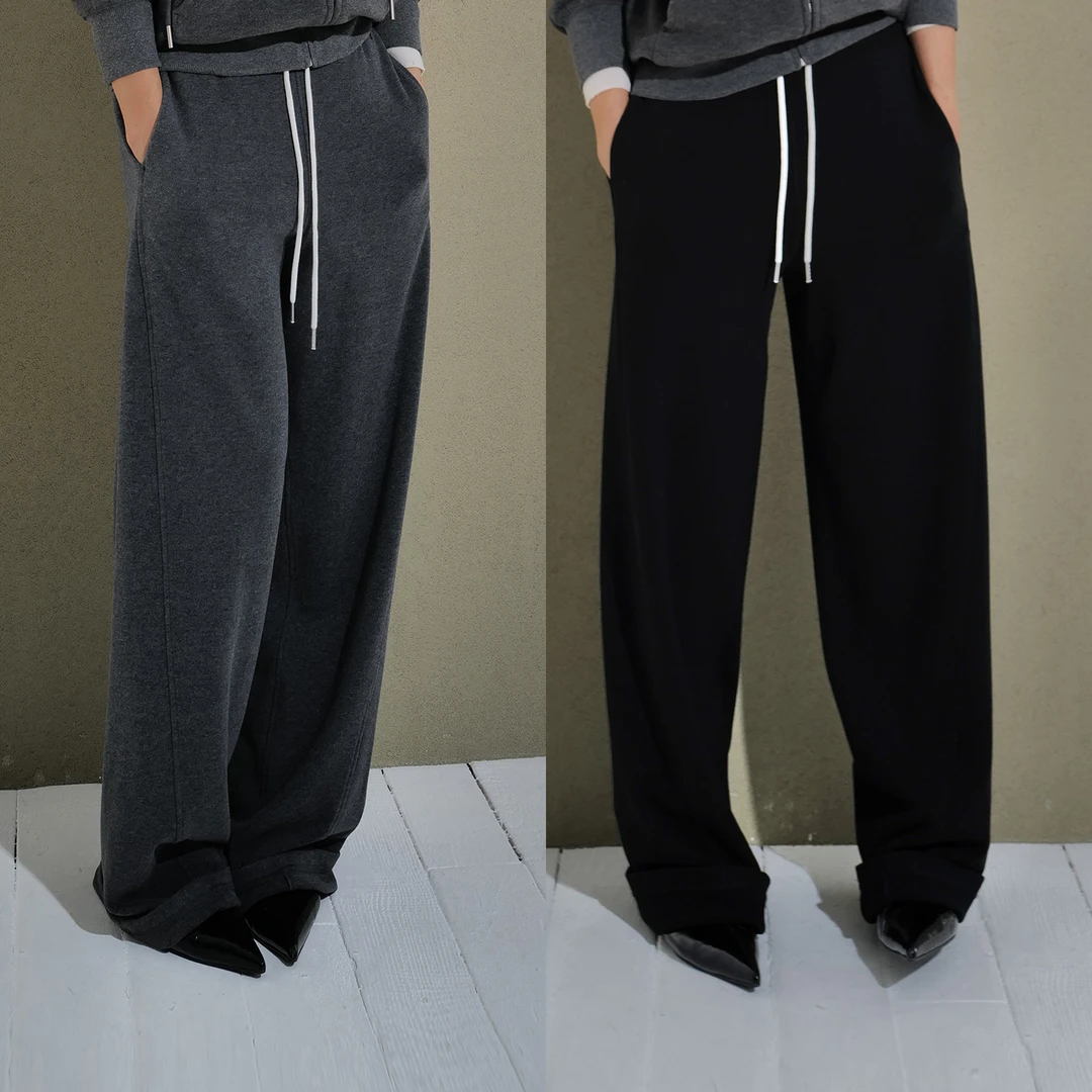 舒服到家"面膜裤"7种材质混纺深灰女弹力宽松直筒休闲针织裤FB701