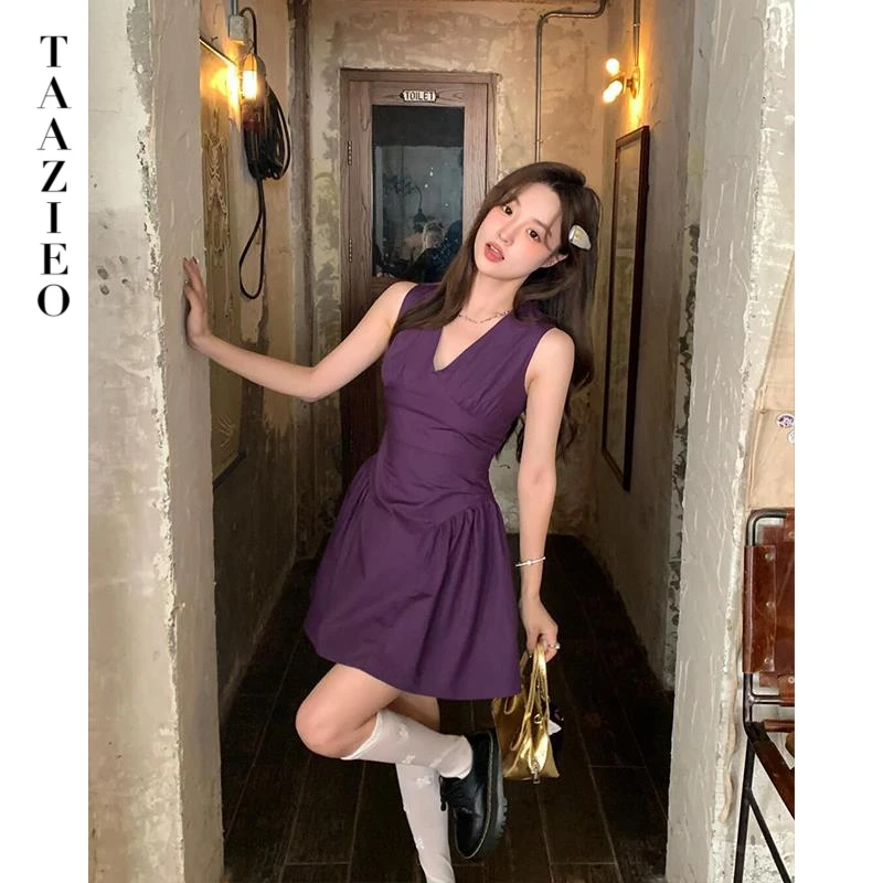 法式名媛气质紫色V领背心连衣裙女夏季高级感收腰显瘦a字无袖短裙