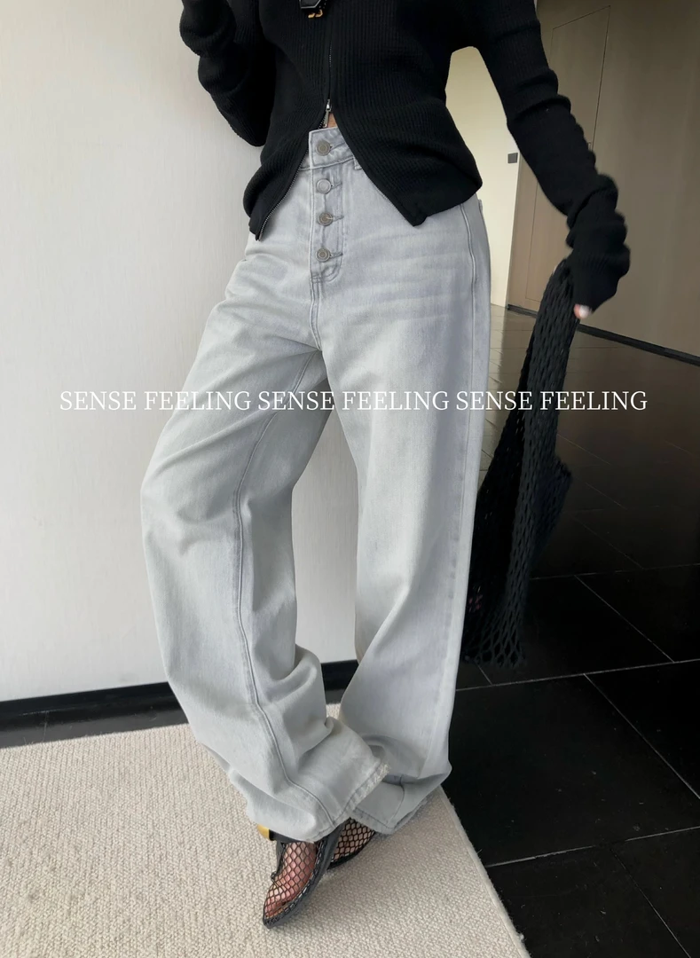 福秒-四粒扣子！直筒牛仔裤（FE0543#）FEELING