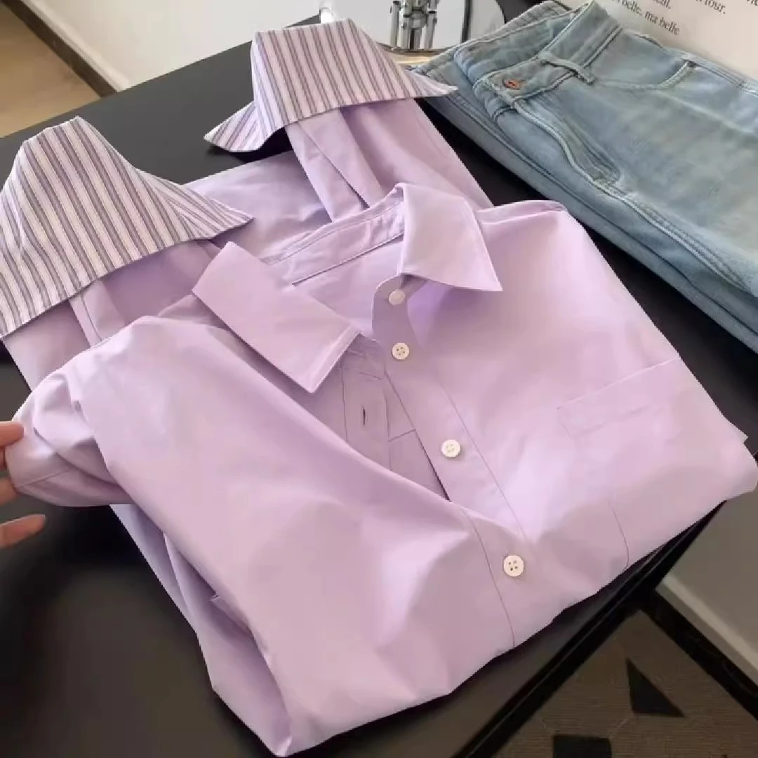 2025春季新款紫色拼接条纹Polo领衬衫女长袖上衣宽松开衫气质衬衣