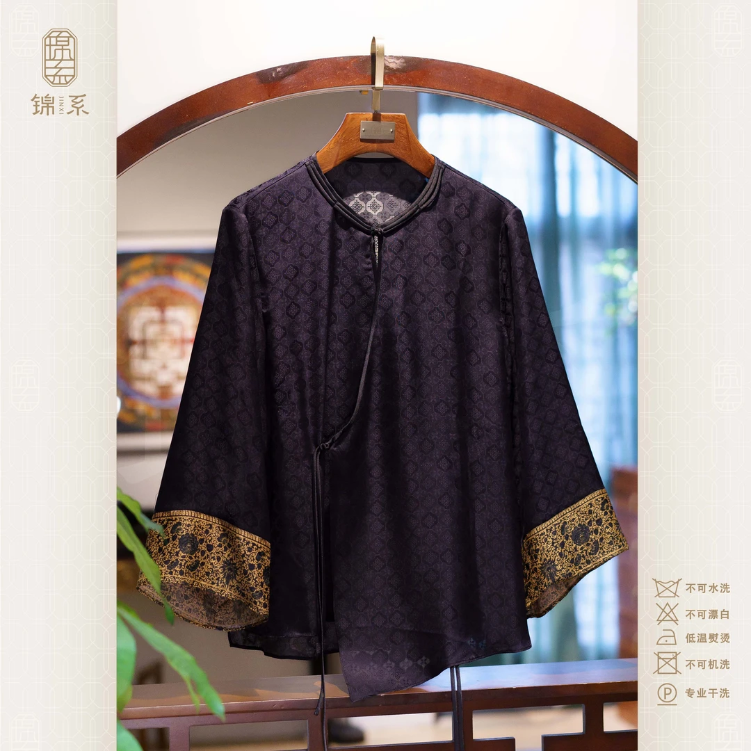 【锦系~新款】真丝新中式国风桑蚕丝圆领斜襟九分袖上衣-382634