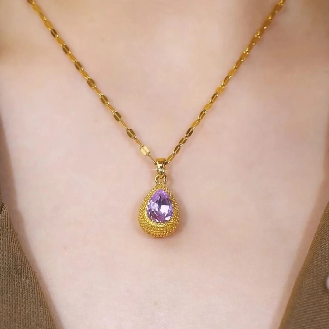 钛钢项链 时尚新款榴莲紫色水滴吊坠轻奢气质不掉色女款锁骨链