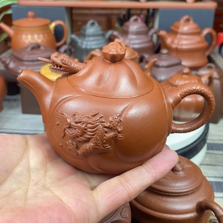 紫砂茶壶鱼化龙260CC原矿朱泥新年特价