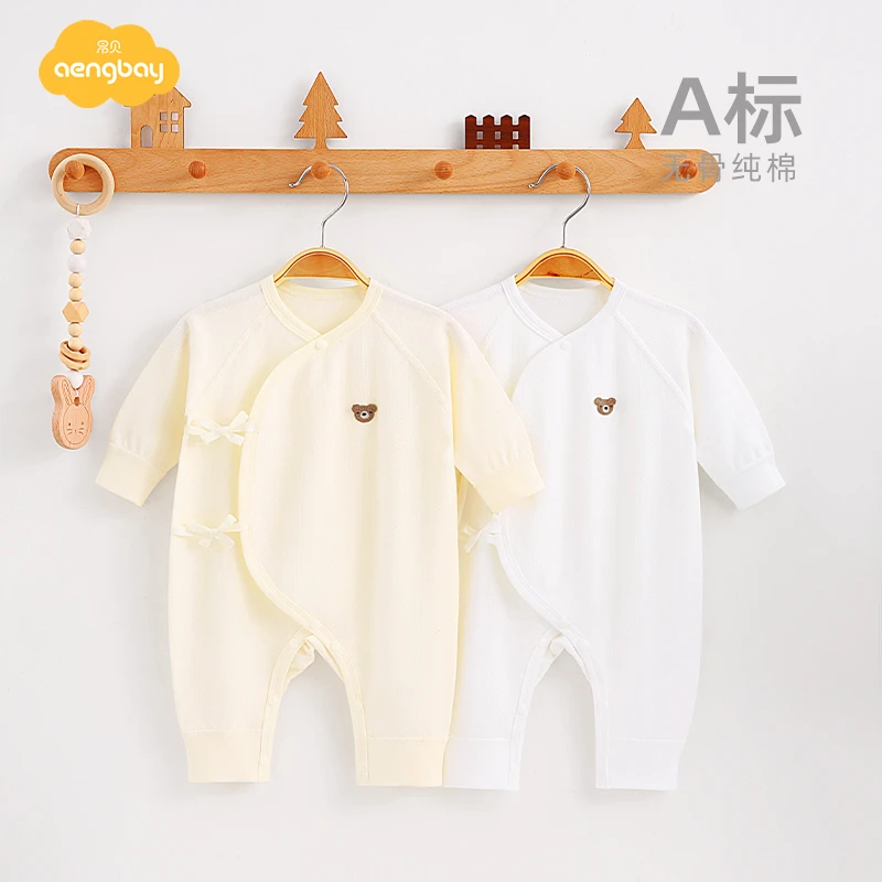 Aengbay婴儿连体衣春季新款0-3个月宝宝和尚服纯棉绑带哈衣爬爬服