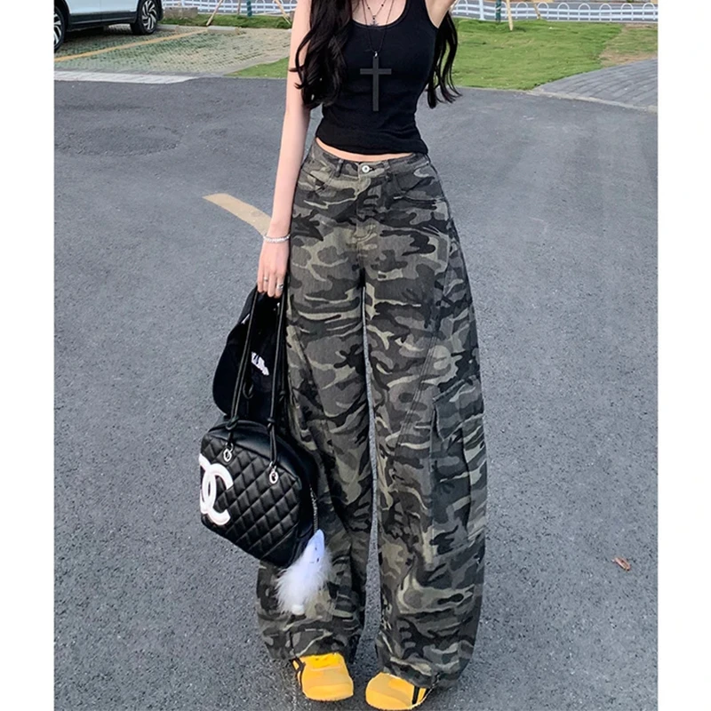 美式复古迷彩工装牛仔裤女夏季高腰宽松显瘦直筒阔腿拖地梧桐裤子