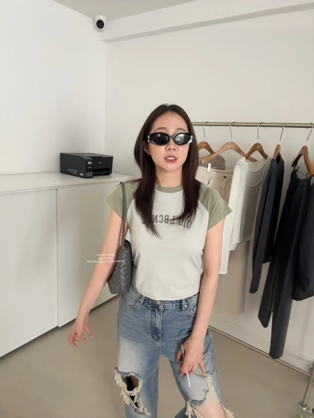 widelia夏季韩版撞色字母短袖T恤女百搭显瘦短款上衣7236