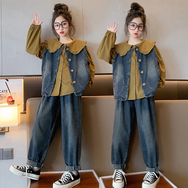 女大童秋装休闲套装2025新款韩版时髦洋气网红女孩春秋牛仔三件套