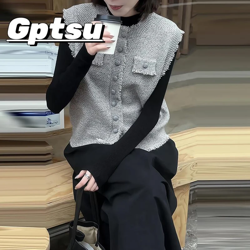 GPTSu百搭小香风灰色针织马甲女春季新款显瘦长袖打底衫两件套潮
