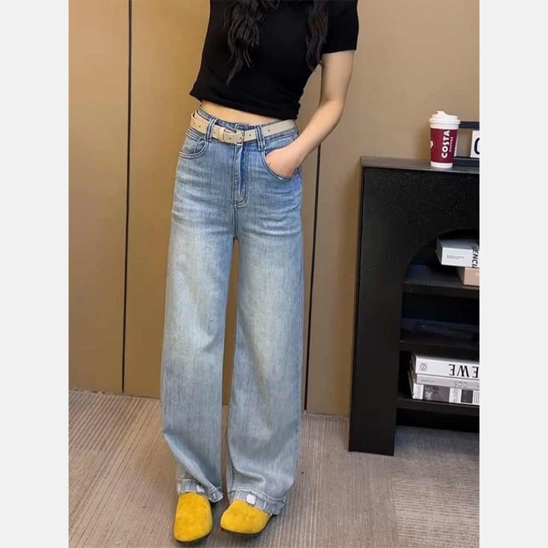 蓝色直筒牛仔裤女夏季新款梨形身材高腰显瘦大码宽松窄版阔腿裤子