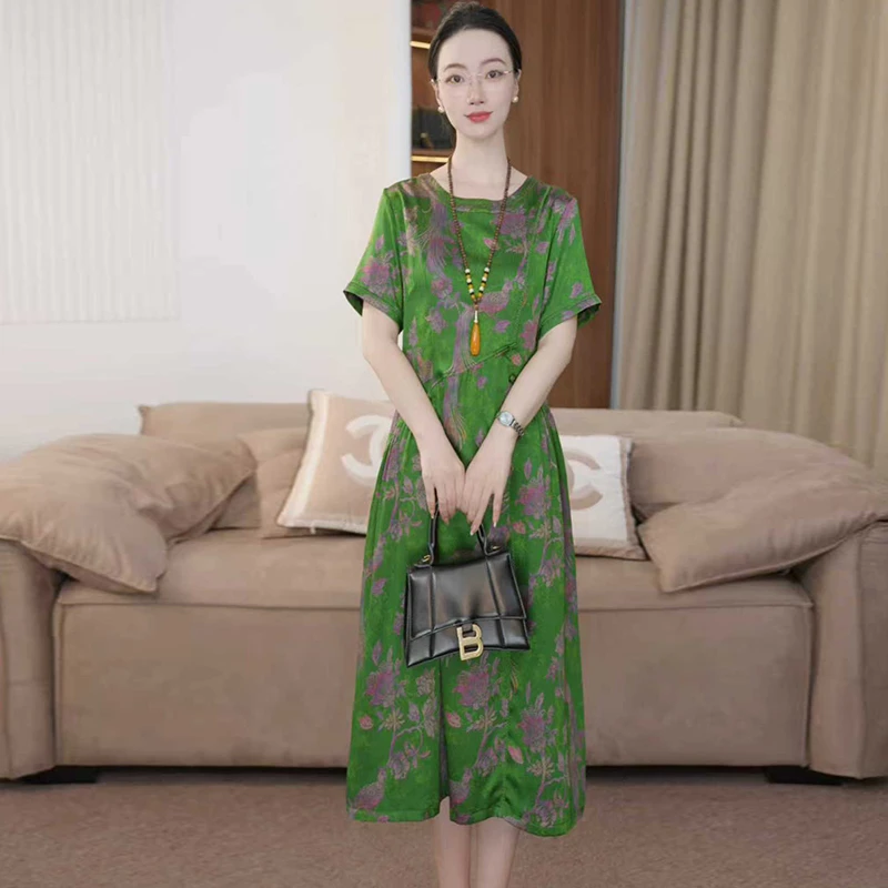 2025夏季时尚浪漫复古大牌杭州真丝连衣裙女气质妈妈桑蚕丝裙子