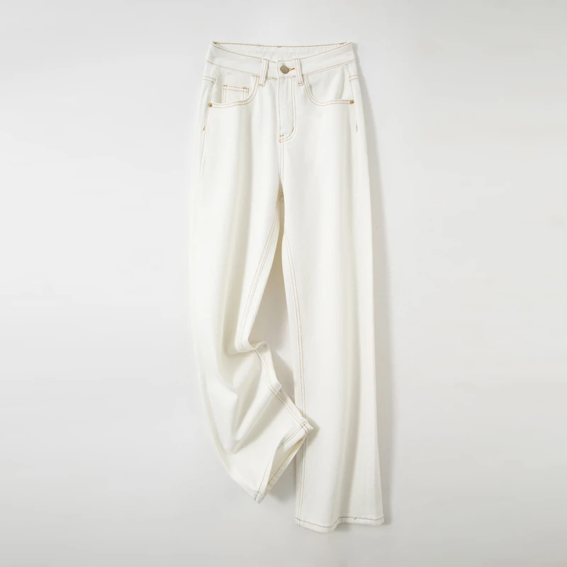 【汉麻莱赛尔】四面弹高端米白色牛仔裤高腰显瘦阔腿裤67572