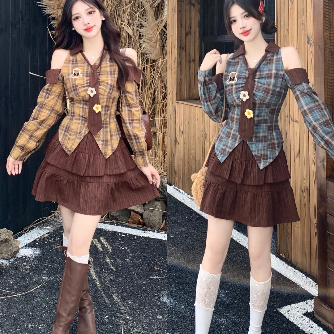 大码女装韩系辣妹套装秋季格子衬衫胖MM显瘦高腰a字短裙子两件套