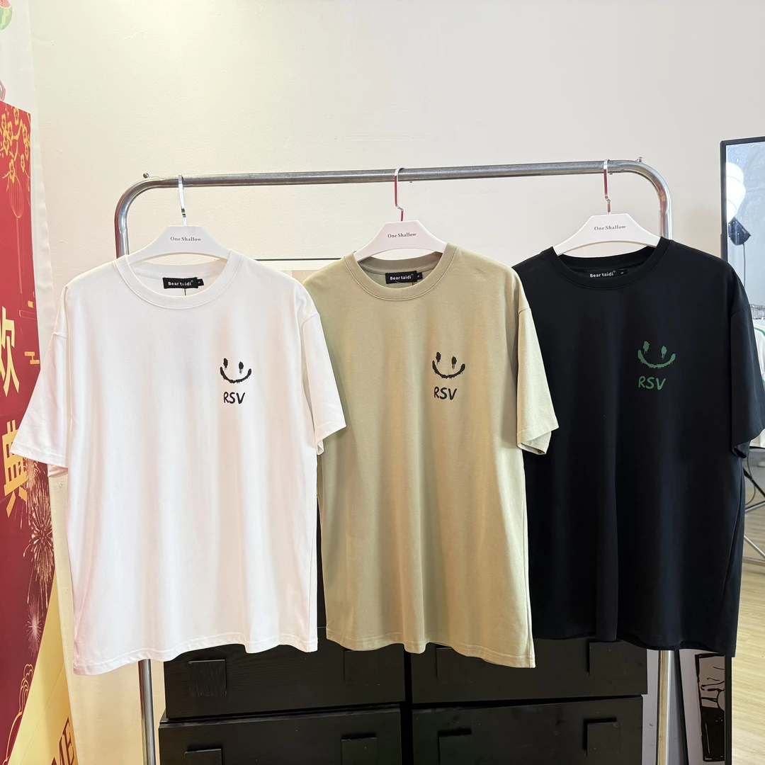 情侣圆领笑脸字母印花宽松短袖T恤6095