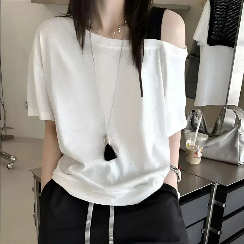 设计感斜肩短袖T恤女2025年不规则露肩女士夏季洋气减龄时尚上衣