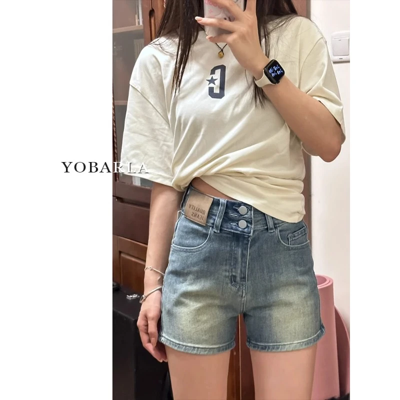 复古弹力牛仔短裤女高腰秋冬新款大码胖mm显瘦梨型身材a字热裤子