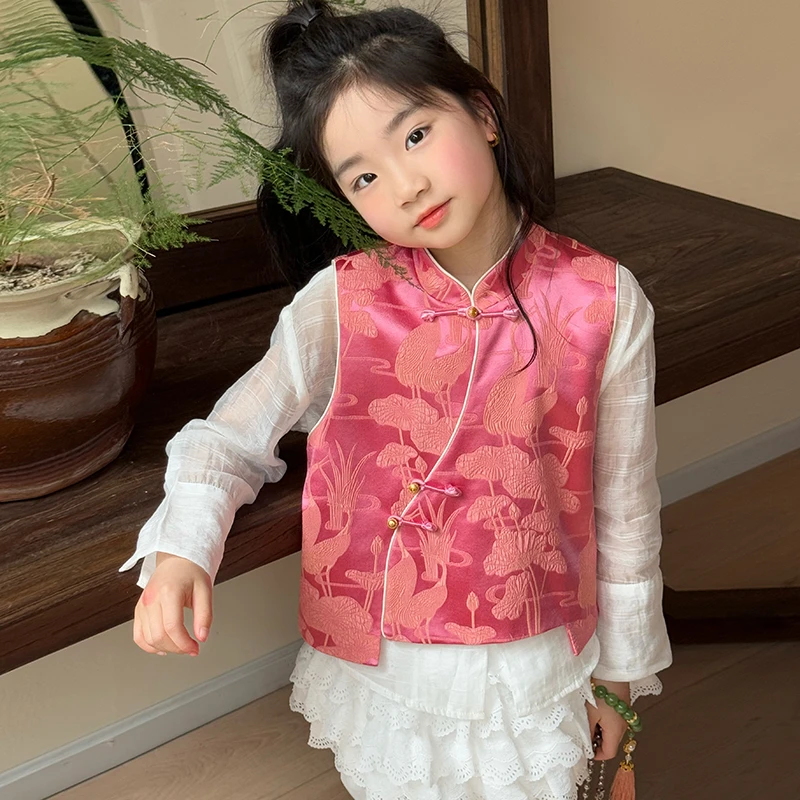 彩虹朵朵25春夏女童新中式桑蚕丝马甲真丝提花冠乐绉荷塘鹤舞坎肩