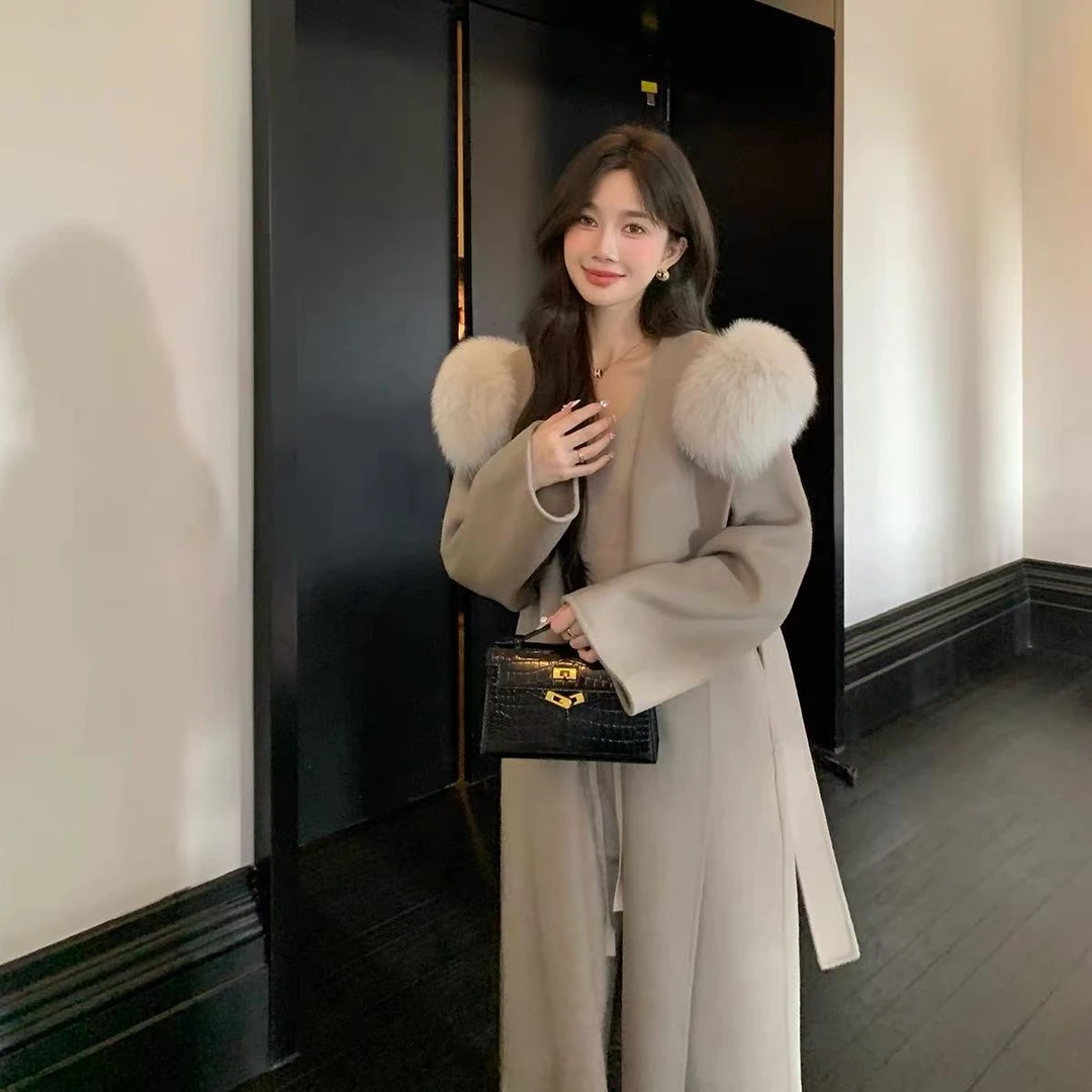 雪后初霁连帽狐狸毛领秋冬双面羊毛大衣女中长款小个子毛呢外套