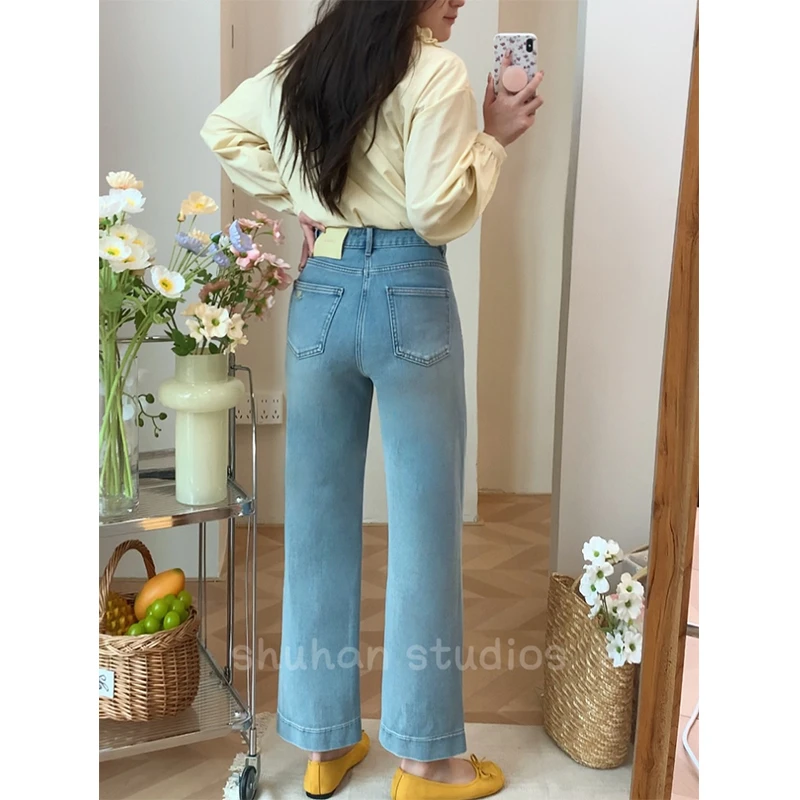 浅色高腰九分直筒大版牛仔裤春季新款梨型身材高腰显瘦藏赘肉裤